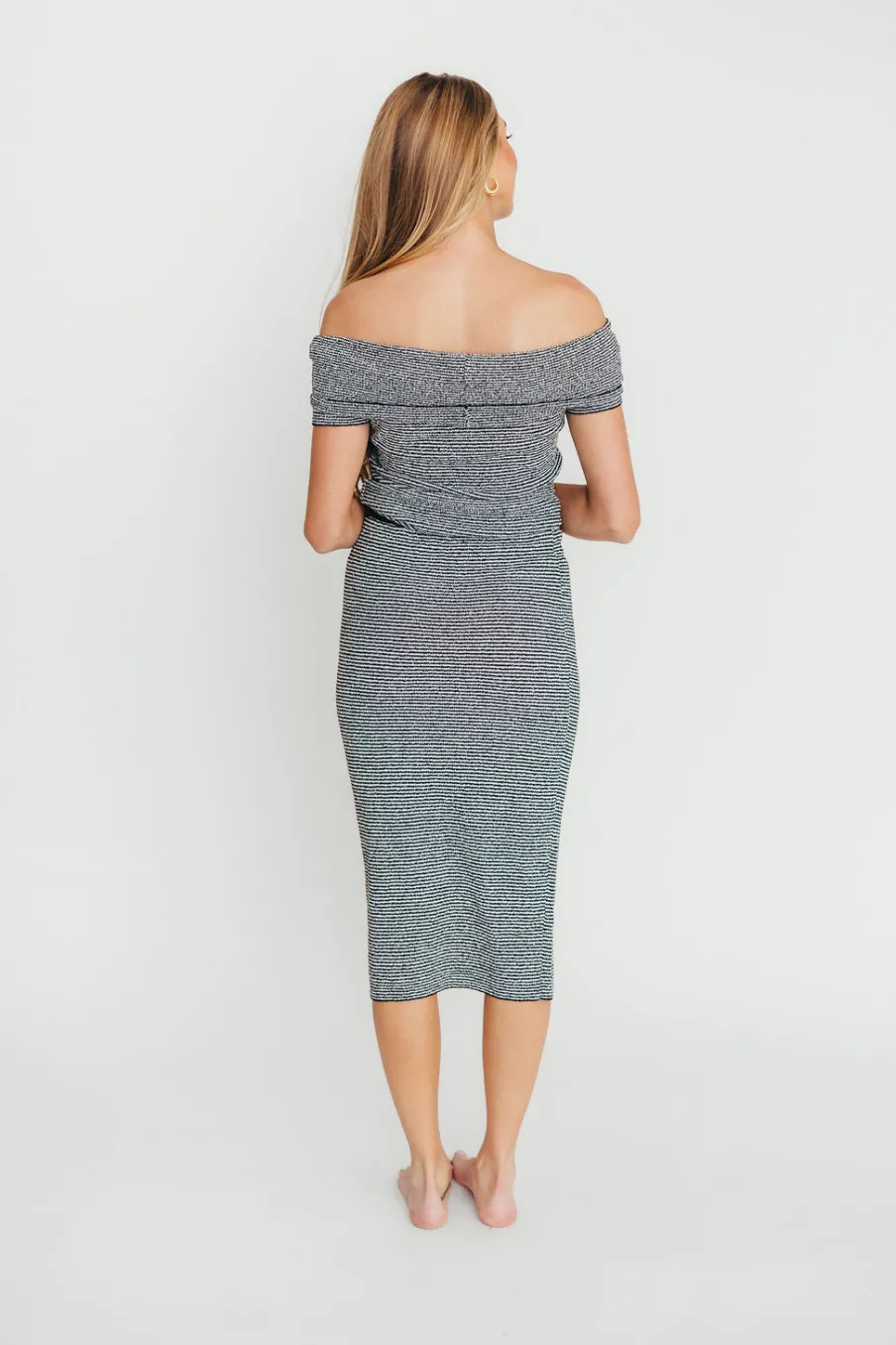 Discount Worth Collective Kaia Off-Shoulder Top and Skirt Set in Black/White Stripe