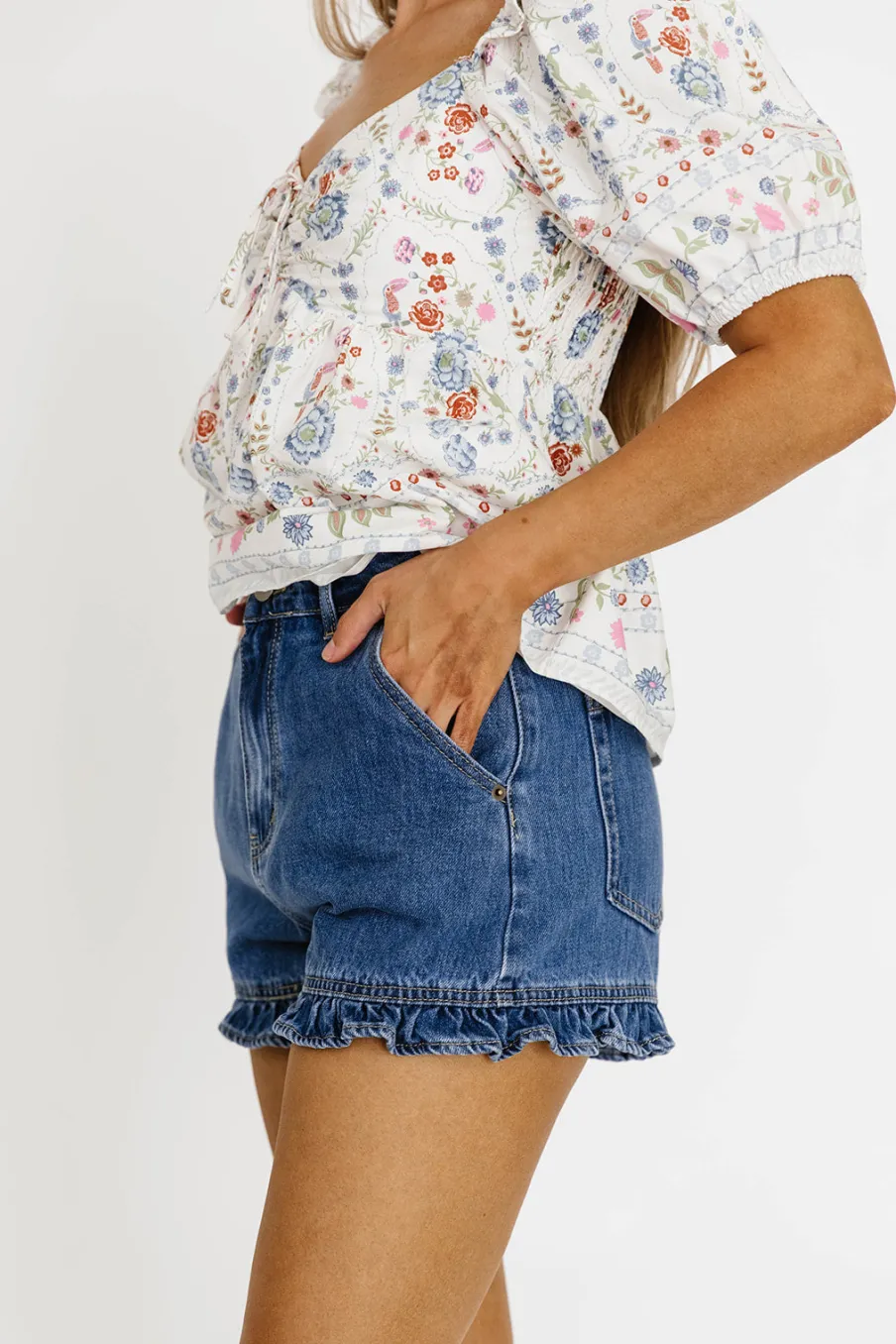 Best Worth Collective Kalani Ruffled Hem Shorts in Denim