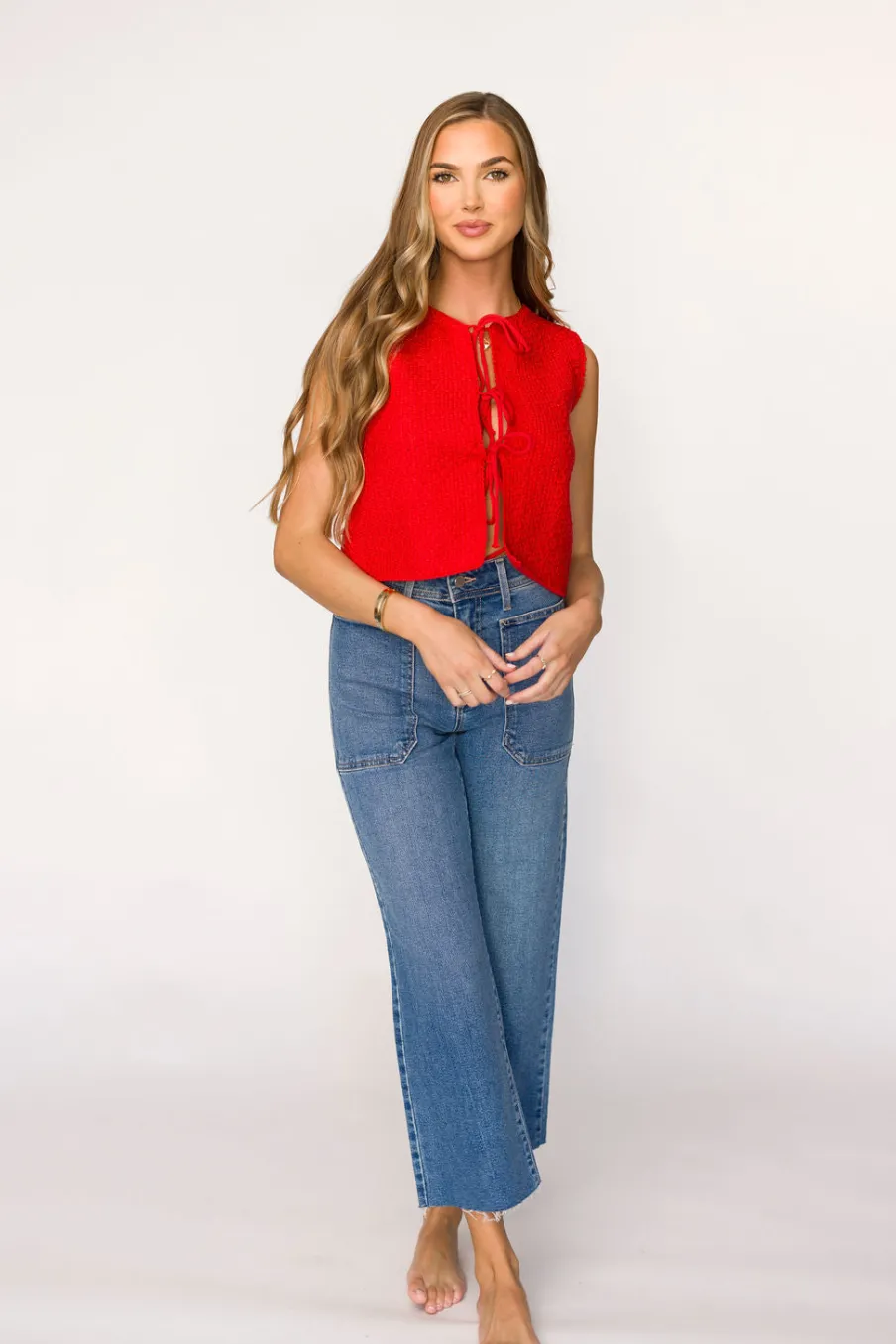 Online Worth Collective Kate Knitted Tie-Front Vest in Red