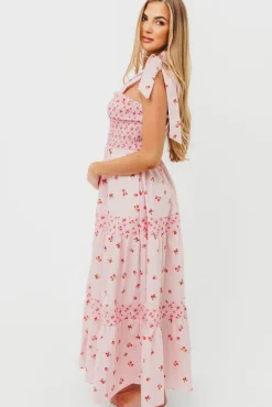 Clearance Worth Collective Kathryn Tie Shoulder Maxi Dress in Pink/Red Floral