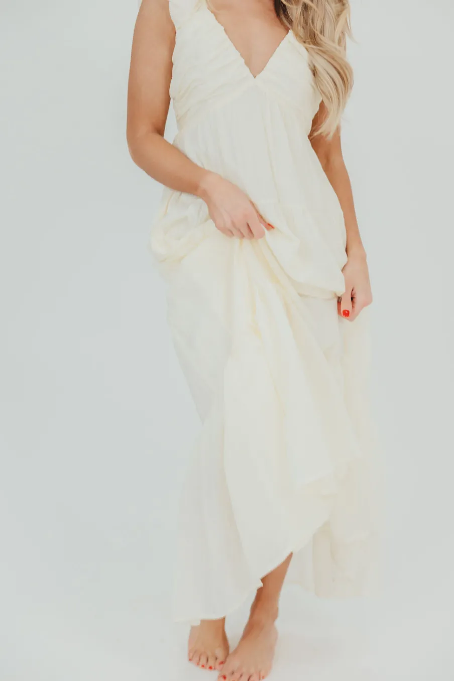 Online Worth Collective Katy Pleated Bodice Midi Dress in Cream - Bump Friendly