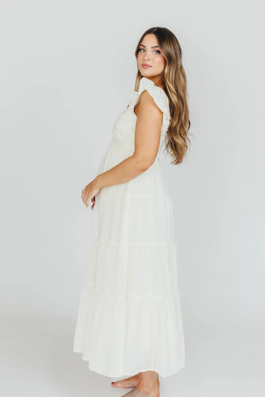 Online Worth Collective Katy Pleated Bodice Midi Dress in Cream - Bump Friendly