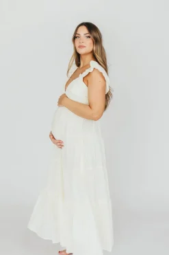 Online Worth Collective Katy Pleated Bodice Midi Dress in Cream - Bump Friendly