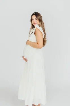 Online Worth Collective Katy Pleated Bodice Midi Dress in Cream - Bump Friendly