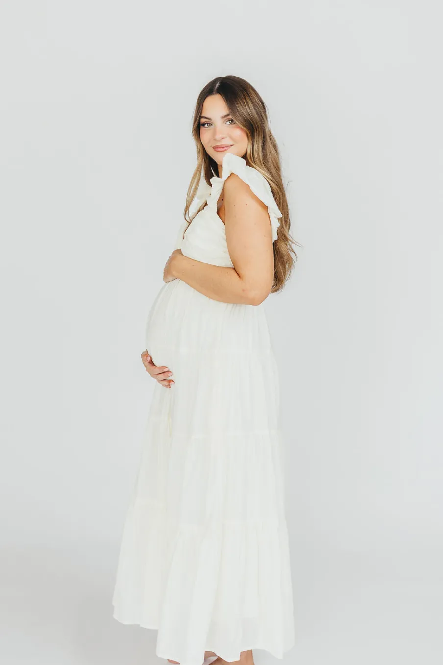 Online Worth Collective Katy Pleated Bodice Midi Dress in Cream - Bump Friendly