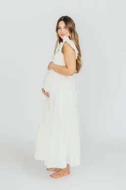 Online Worth Collective Katy Pleated Bodice Midi Dress in Cream - Bump Friendly