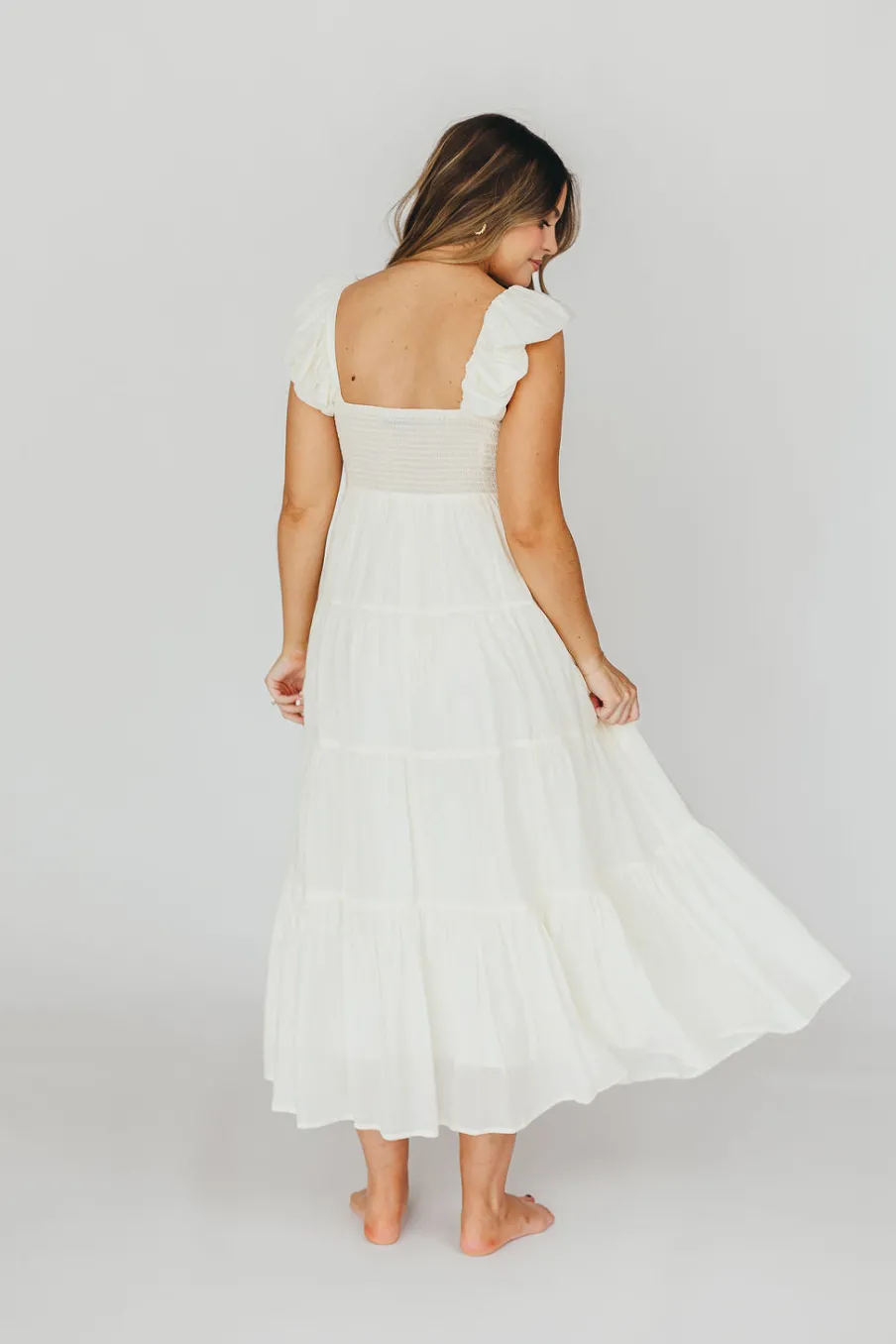 Online Worth Collective Katy Pleated Bodice Midi Dress in Cream - Bump Friendly