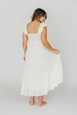 Online Worth Collective Katy Pleated Bodice Midi Dress in Cream - Bump Friendly