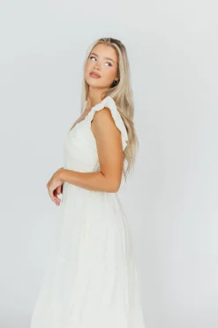 Online Worth Collective Katy Pleated Bodice Midi Dress in Cream - Bump Friendly