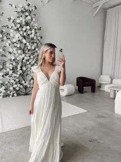 Online Worth Collective Katy Pleated Bodice Midi Dress in Cream - Bump Friendly