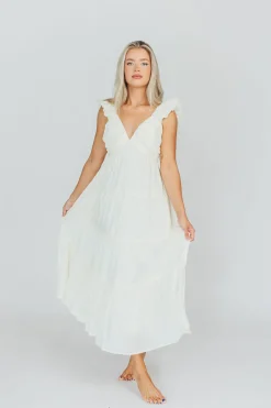 Online Worth Collective Katy Pleated Bodice Midi Dress in Cream - Bump Friendly
