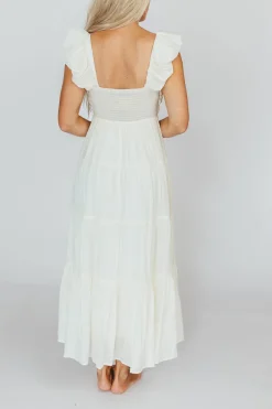 Online Worth Collective Katy Pleated Bodice Midi Dress in Cream - Bump Friendly