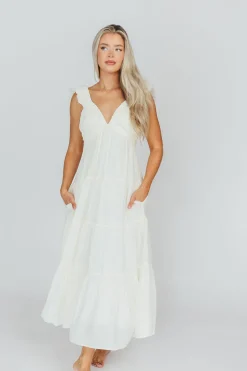 Online Worth Collective Katy Pleated Bodice Midi Dress in Cream - Bump Friendly