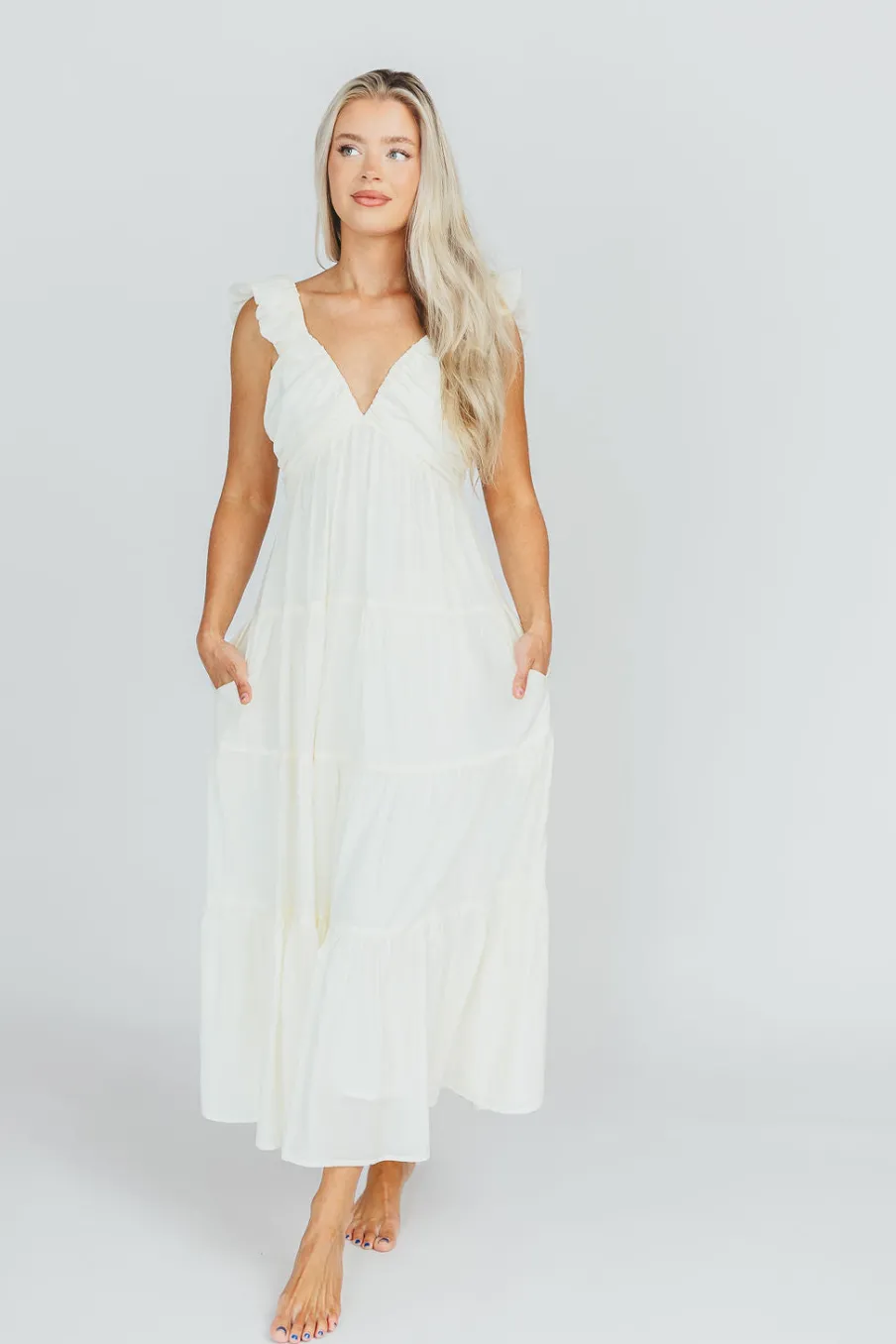 Online Worth Collective Katy Pleated Bodice Midi Dress in Cream - Bump Friendly