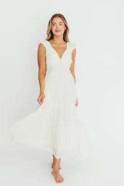 Online Worth Collective Katy Pleated Bodice Midi Dress in Cream - Bump Friendly
