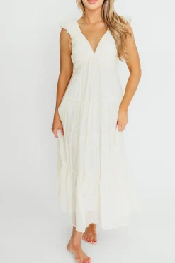 Online Worth Collective Katy Pleated Bodice Midi Dress in Cream - Bump Friendly