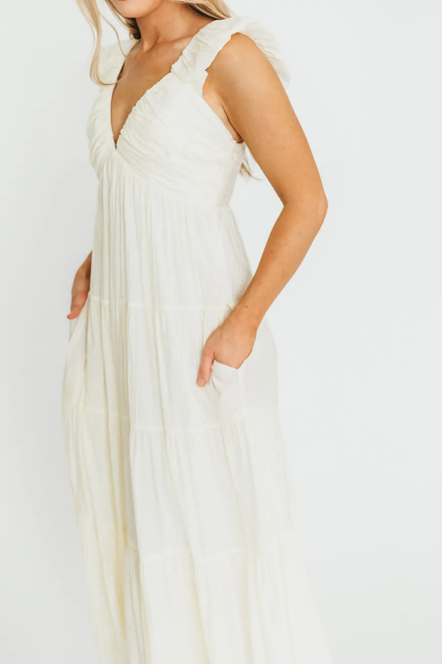 Online Worth Collective Katy Pleated Bodice Midi Dress in Cream - Bump Friendly