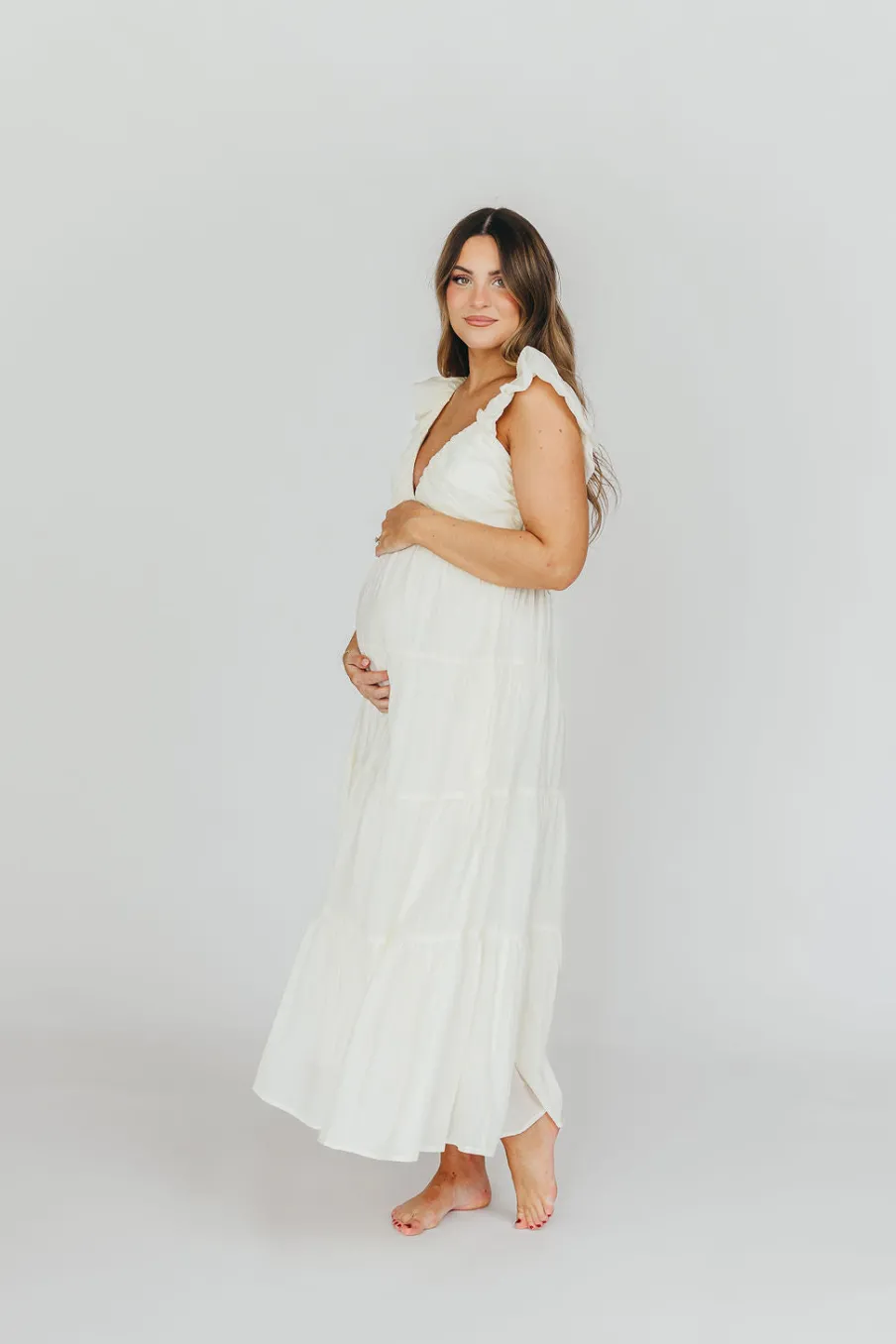 Online Worth Collective Katy Pleated Bodice Midi Dress in Cream - Bump Friendly