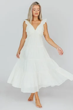 Online Worth Collective Katy Pleated Bodice Midi Dress in Cream - Bump Friendly