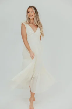 Online Worth Collective Katy Pleated Bodice Midi Dress in Cream - Bump Friendly
