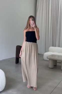 Outlet Worth Collective Kaylee Linen and Ribbed Knit Maxi Dress in Black/Tan