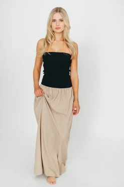 Outlet Worth Collective Kaylee Linen and Ribbed Knit Maxi Dress in Black/Tan
