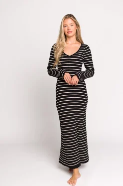 Sale Worth Collective Keaton Knit Maxi Dress with V-Neckline in Black/Cream Stripe