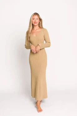 Hot Worth Collective Keaton Knit Maxi Dress with V-Neckline in Beige