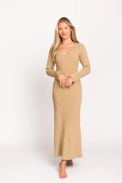 Hot Worth Collective Keaton Knit Maxi Dress with V-Neckline in Beige