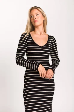 Sale Worth Collective Keaton Knit Maxi Dress with V-Neckline in Black/Cream Stripe