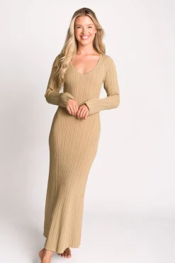 Hot Worth Collective Keaton Knit Maxi Dress with V-Neckline in Beige