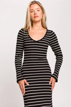 Sale Worth Collective Keaton Knit Maxi Dress with V-Neckline in Black/Cream Stripe