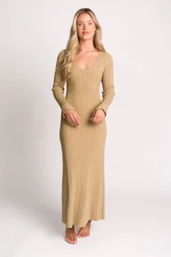 Hot Worth Collective Keaton Knit Maxi Dress with V-Neckline in Beige