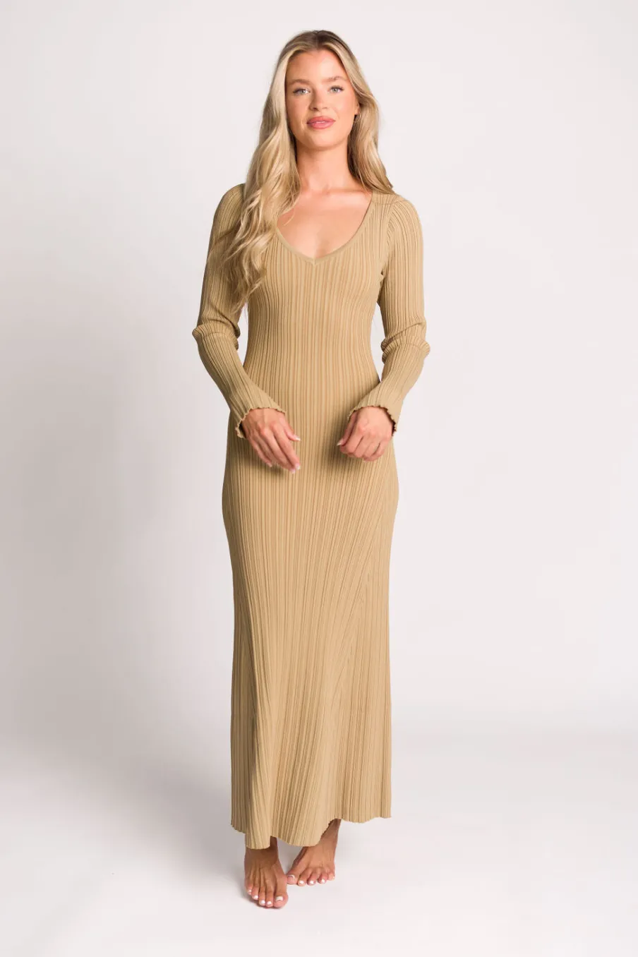 Hot Worth Collective Keaton Knit Maxi Dress with V-Neckline in Beige