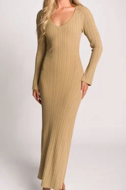 Hot Worth Collective Keaton Knit Maxi Dress with V-Neckline in Beige