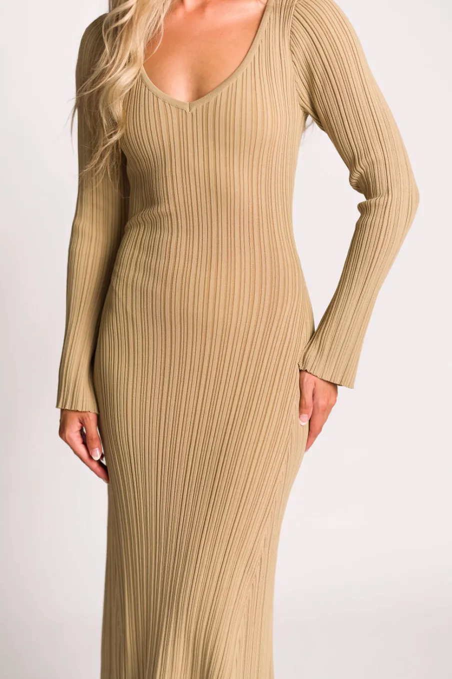 Hot Worth Collective Keaton Knit Maxi Dress with V-Neckline in Beige