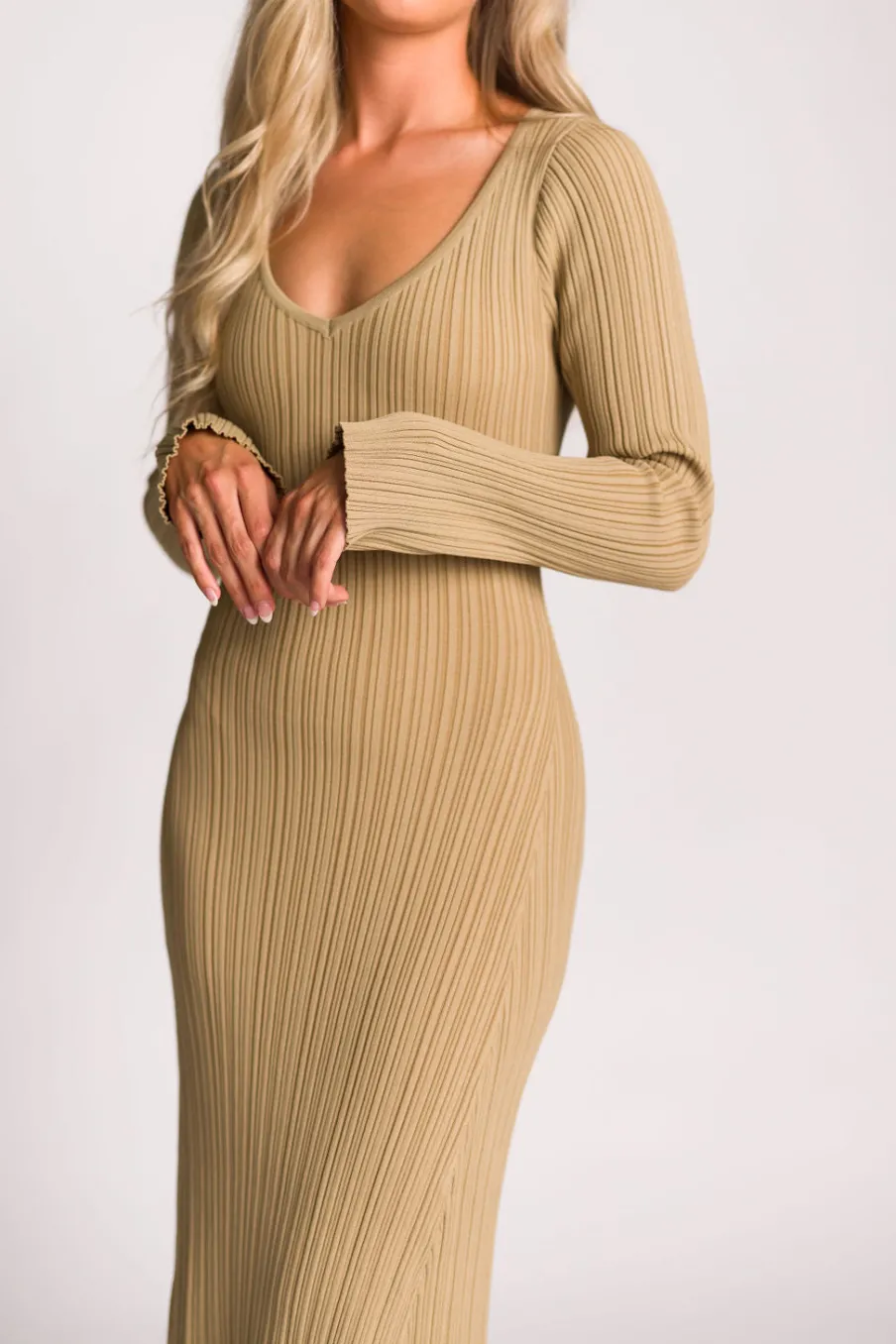 Hot Worth Collective Keaton Knit Maxi Dress with V-Neckline in Beige