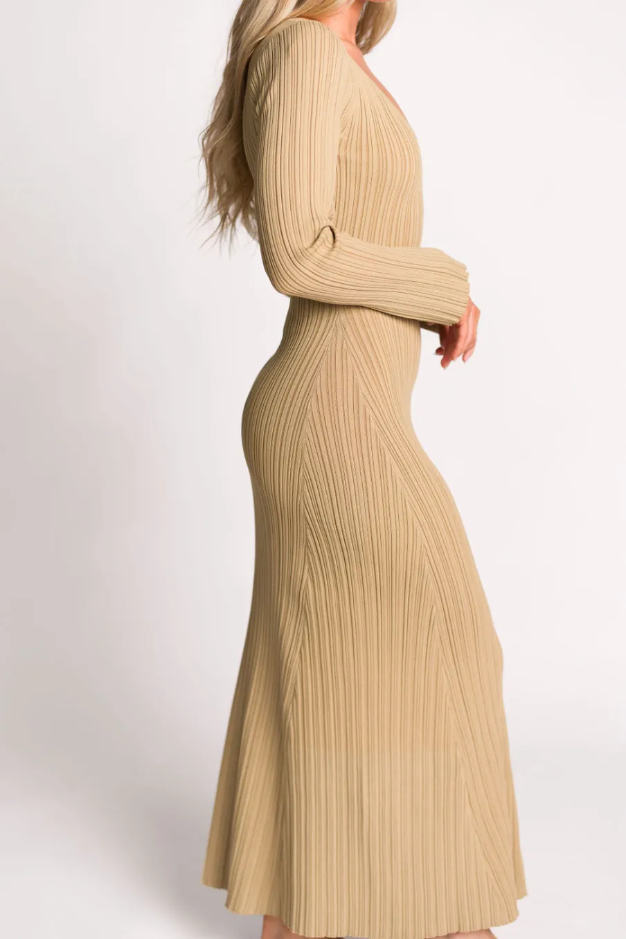 Hot Worth Collective Keaton Knit Maxi Dress with V-Neckline in Beige