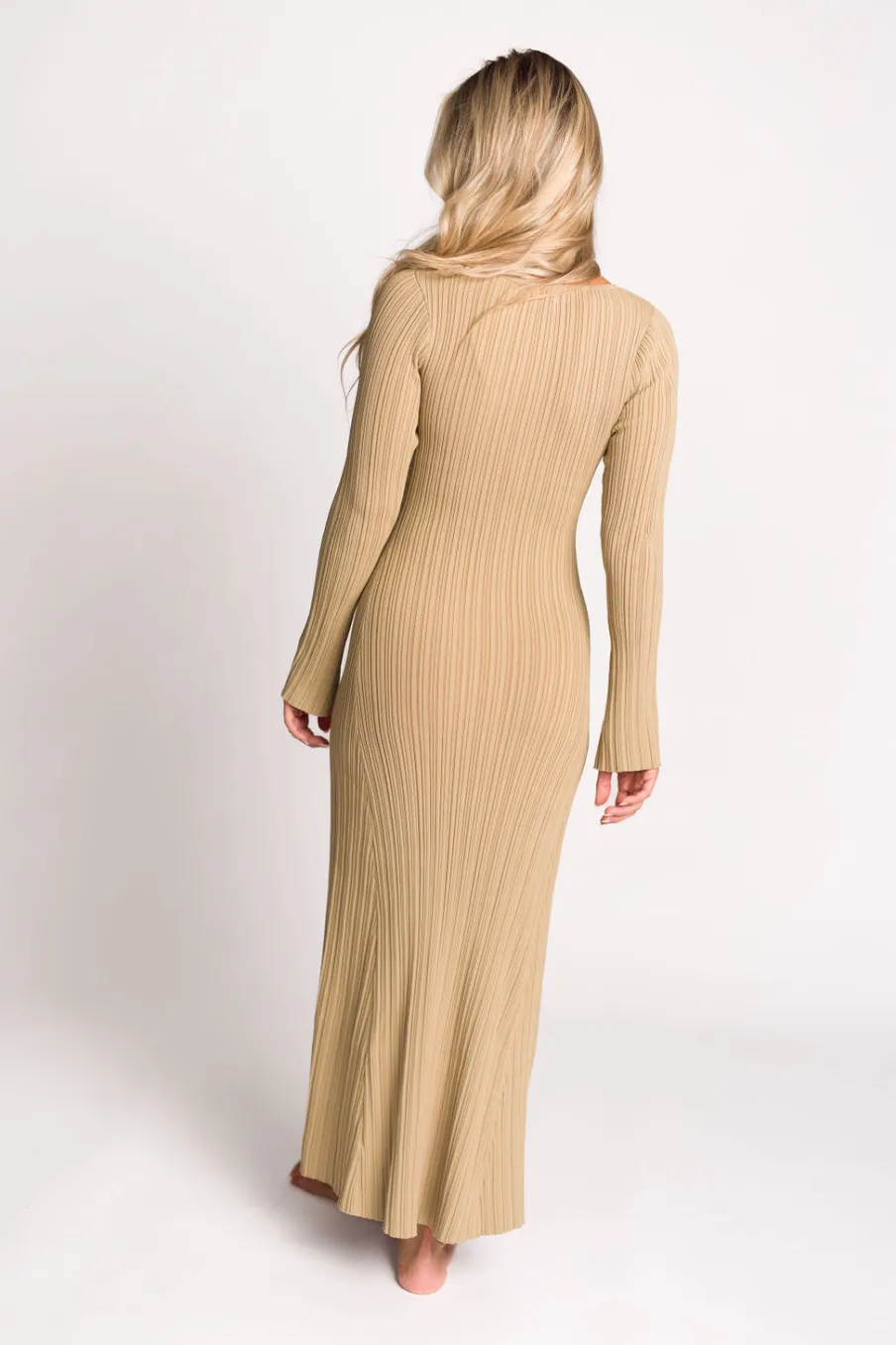 Hot Worth Collective Keaton Knit Maxi Dress with V-Neckline in Beige