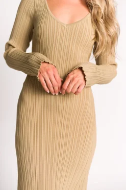 Hot Worth Collective Keaton Knit Maxi Dress with V-Neckline in Beige