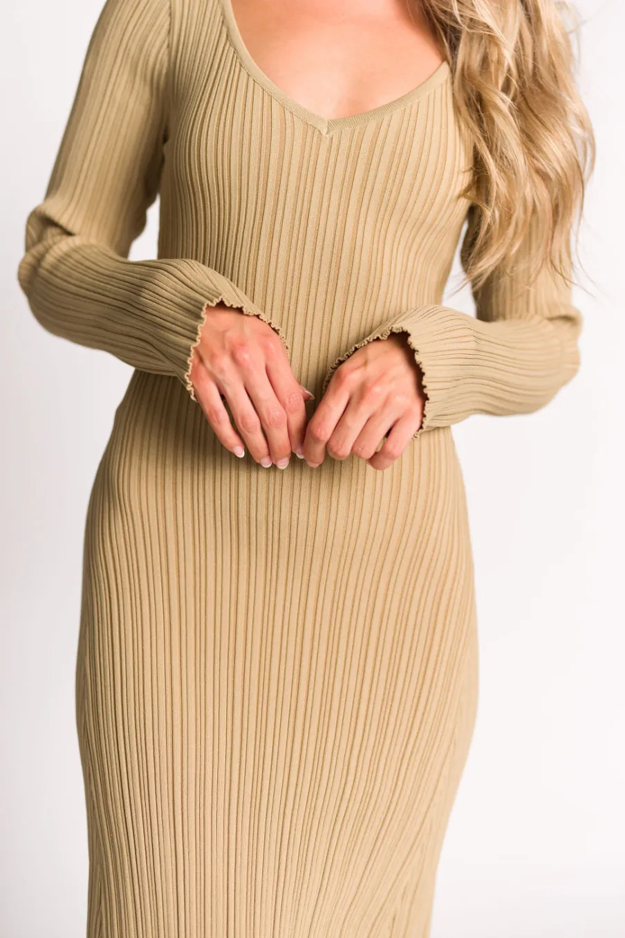 Hot Worth Collective Keaton Knit Maxi Dress with V-Neckline in Beige