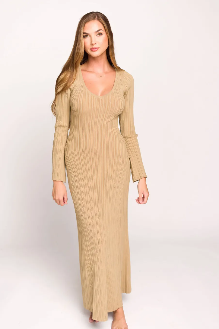 Hot Worth Collective Keaton Knit Maxi Dress with V-Neckline in Beige