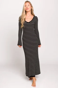 Sale Worth Collective Keaton Knit Maxi Dress with V-Neckline in Black/Cream Stripe
