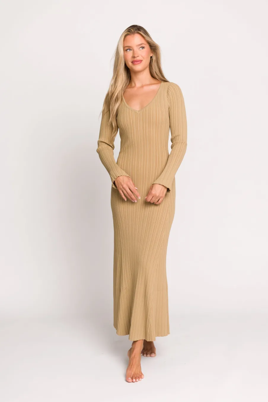 Hot Worth Collective Keaton Knit Maxi Dress with V-Neckline in Beige