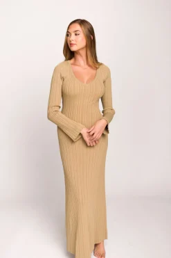 Hot Worth Collective Keaton Knit Maxi Dress with V-Neckline in Beige