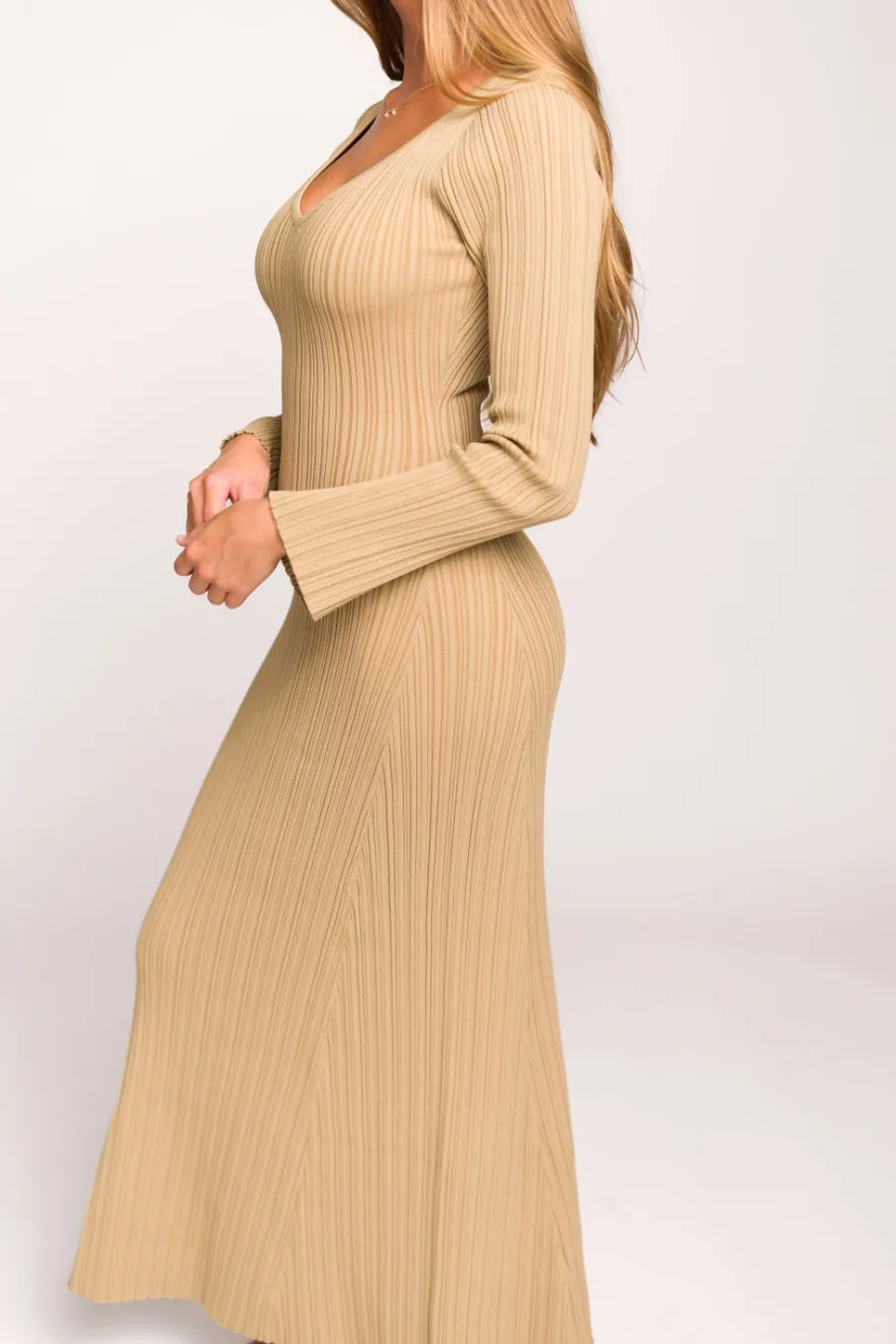 Hot Worth Collective Keaton Knit Maxi Dress with V-Neckline in Beige