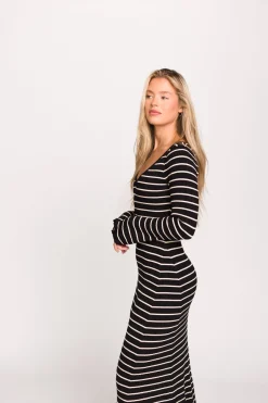 Sale Worth Collective Keaton Knit Maxi Dress with V-Neckline in Black/Cream Stripe