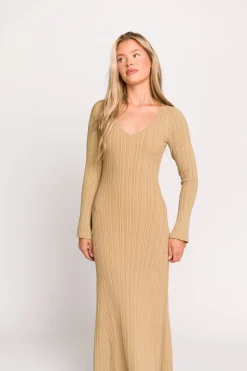 Hot Worth Collective Keaton Knit Maxi Dress with V-Neckline in Beige
