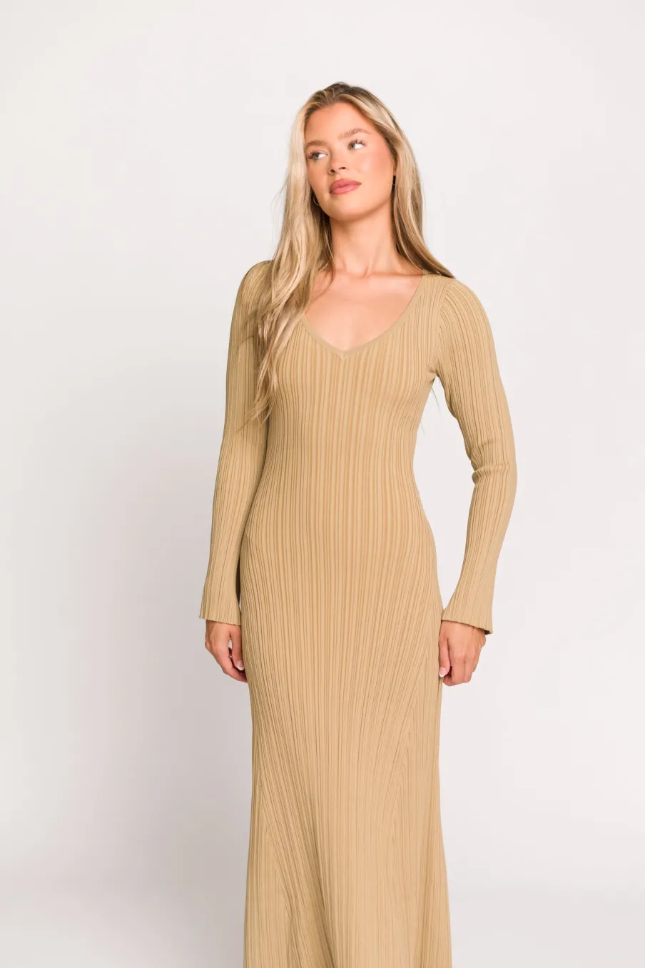 Hot Worth Collective Keaton Knit Maxi Dress with V-Neckline in Beige