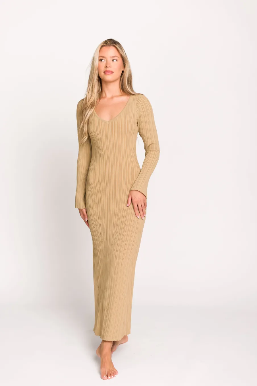 Hot Worth Collective Keaton Knit Maxi Dress with V-Neckline in Beige